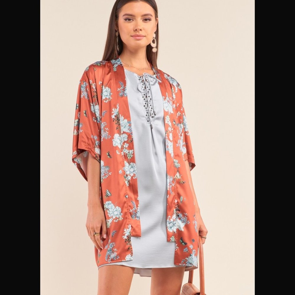 SOLD- New Orange Multicolor Satin Floral Open Front Dolman Sleeve Kimono